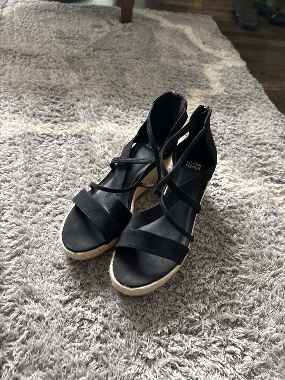 Eileen Fisher Willow Black Nubuck Espadrille Wedge Sandals